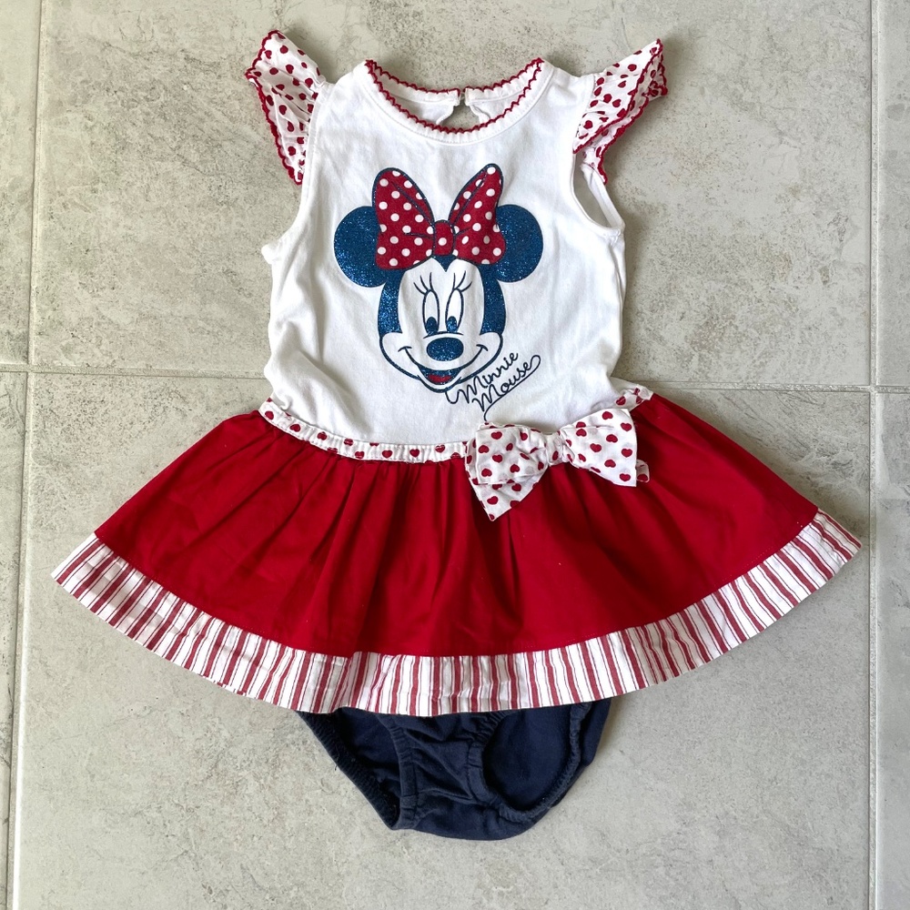 2-Pc Baby Girl 6-9M Disney Babies Minnie Mouse Dress Red White w Bloomer Pant